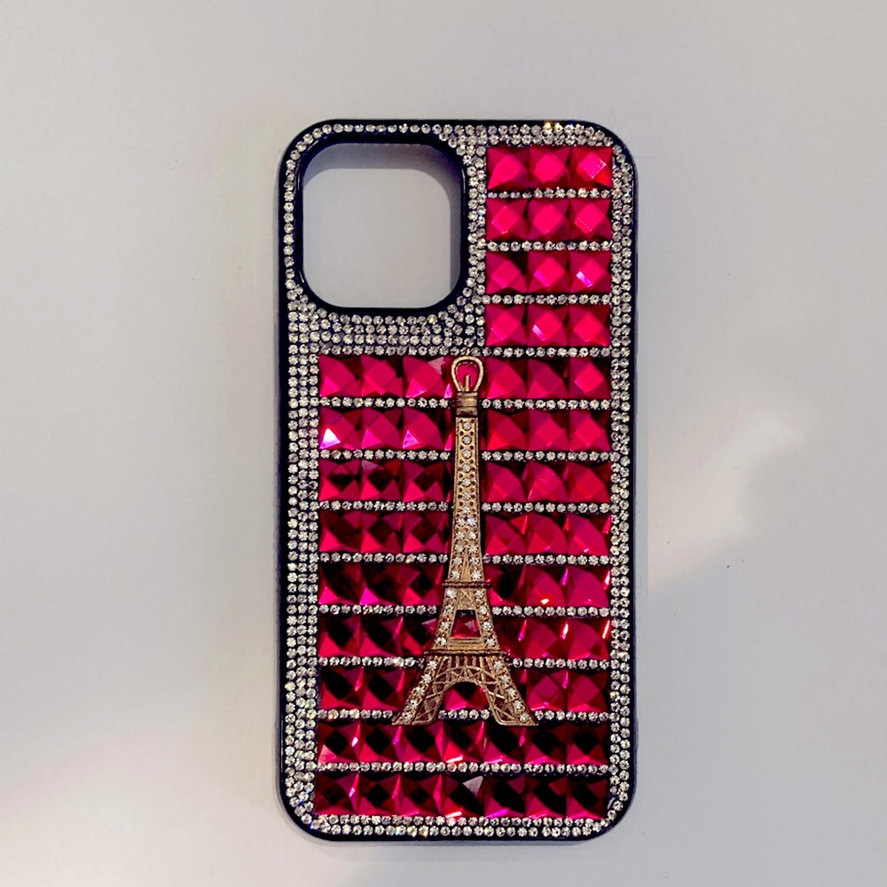 Apple IPhone 12 Pro Max. Hot pink gems with gold Eiffel Tower.
